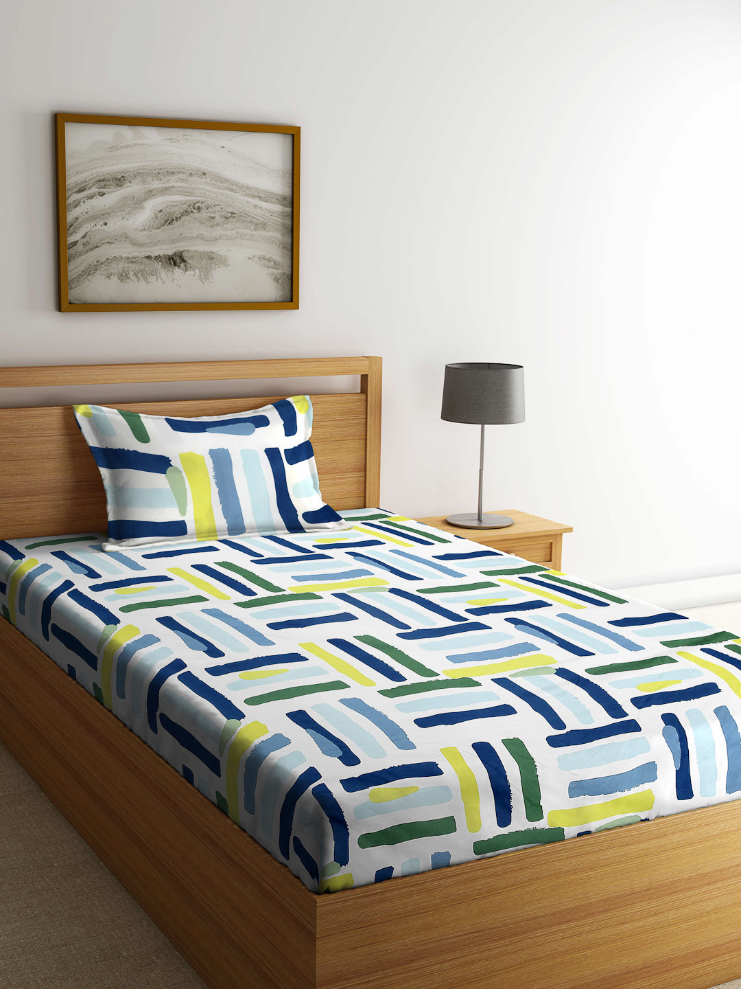 Arrabi Multi Geometric TC Cotton Blend Single Size Bedsheet with 1 Pillow Cover (215 x 150 cm)