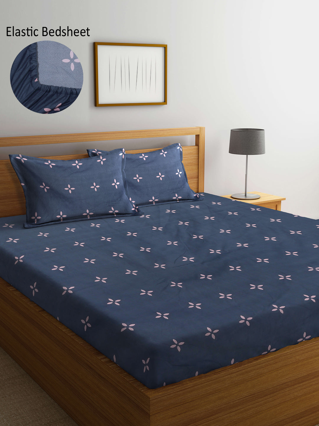Arrabi Grey Floral TC Cotton Blend King Size Fitted Bedsheet with 2 Pillow Covers (250 x 215 cm)