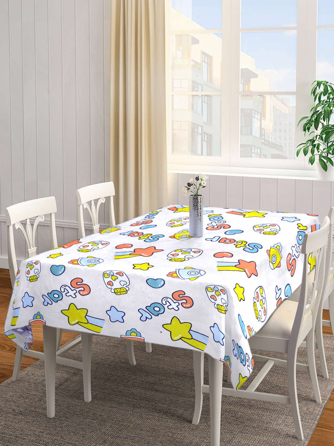 Arrabi Beige Cartoon Cotton Blend 6 SEATER Table Cover (180 X 130 cm)
