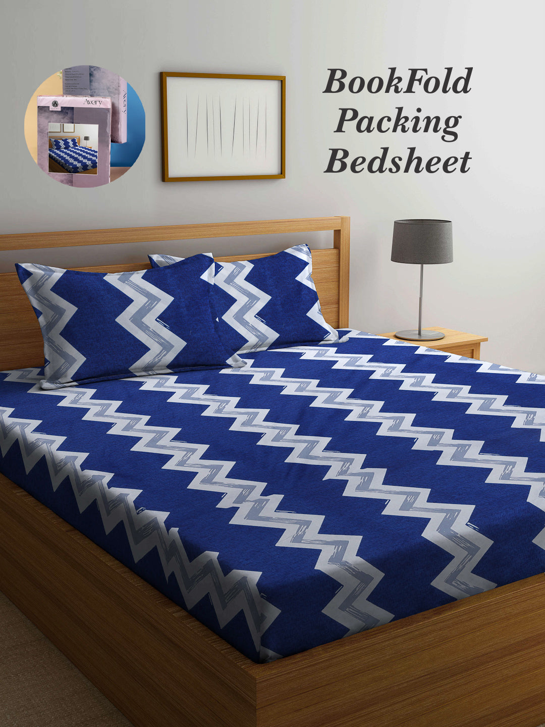 Arrabi Blue Geometric TC Cotton Blend King Size Bookfold Bedsheet with 2 Pillow Covers (250 X 215 cm)