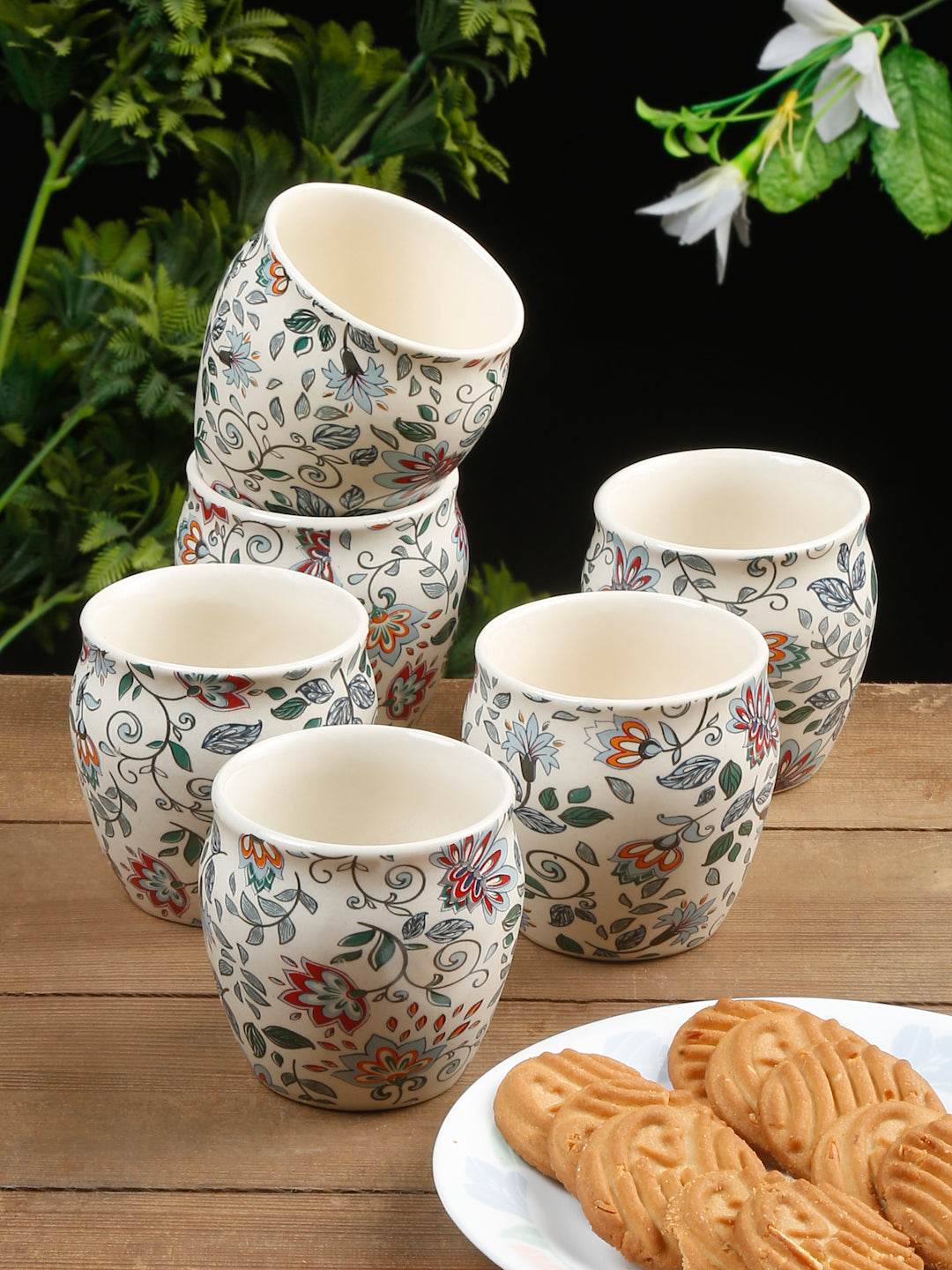 Arrabi Multi Stoneware Floral Kullar set (Set of 6)