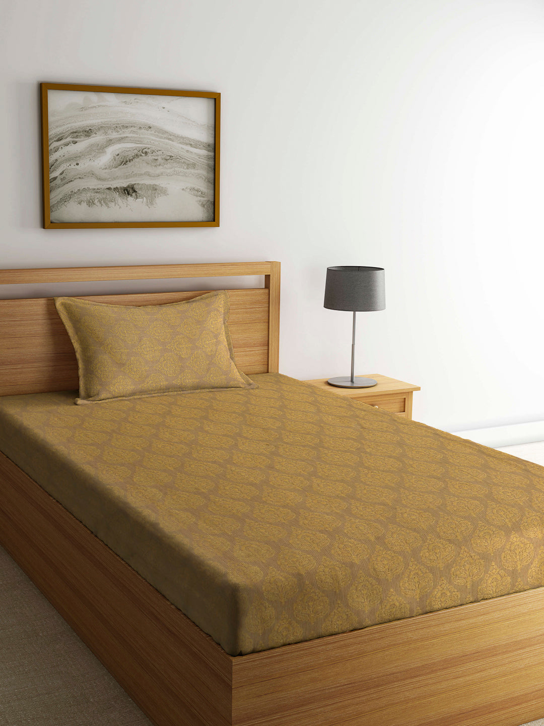 Arrabi Beige Indian Handwoven Cotton Single Size Bedsheet with 1 Pillow Cover (230 x 150 cm)