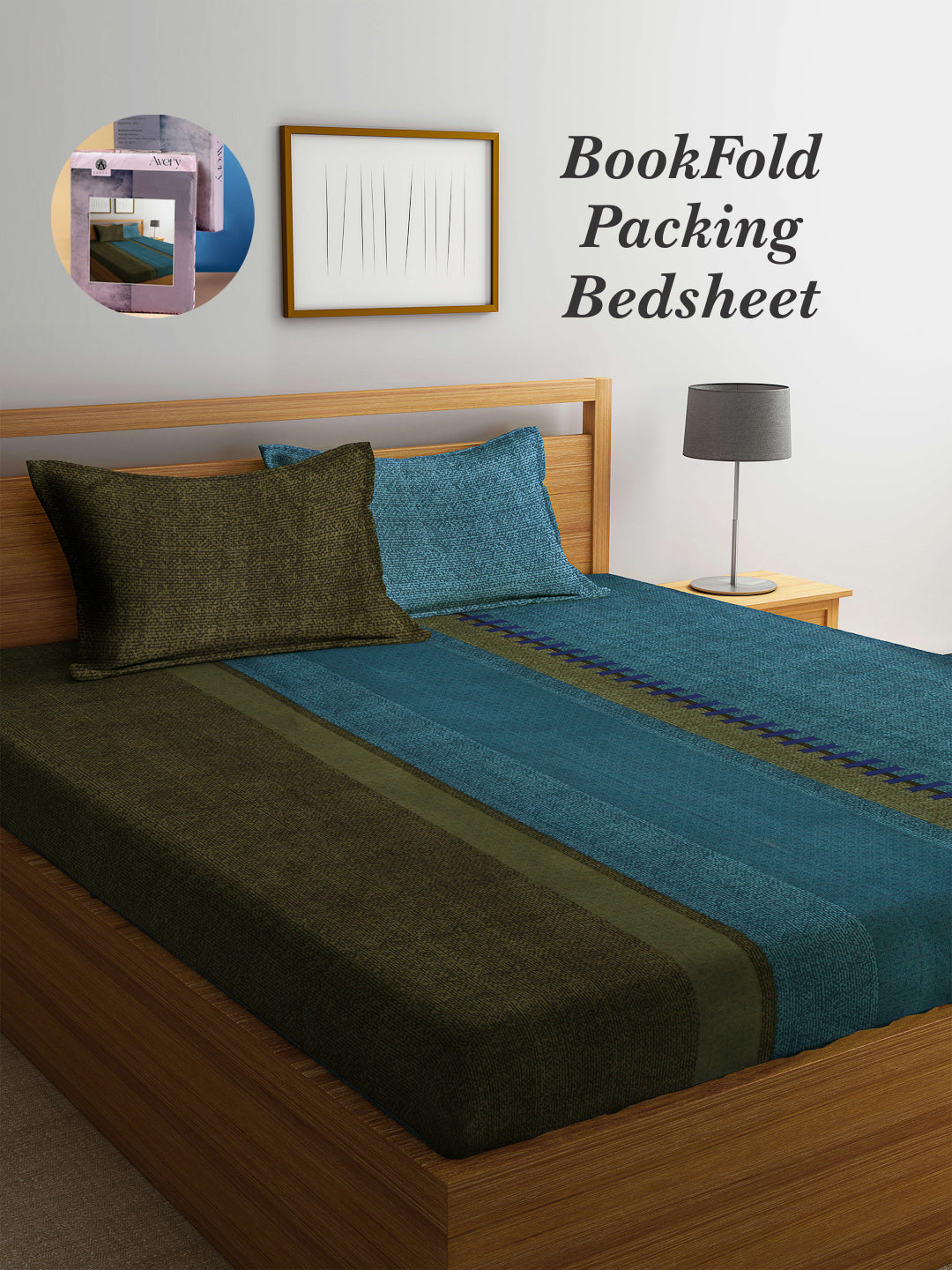 Arrabi Blue Graphic TC Cotton Blend King Size Bookfold Bedsheet with 2 Pillow Covers (250 X 220 cm)
