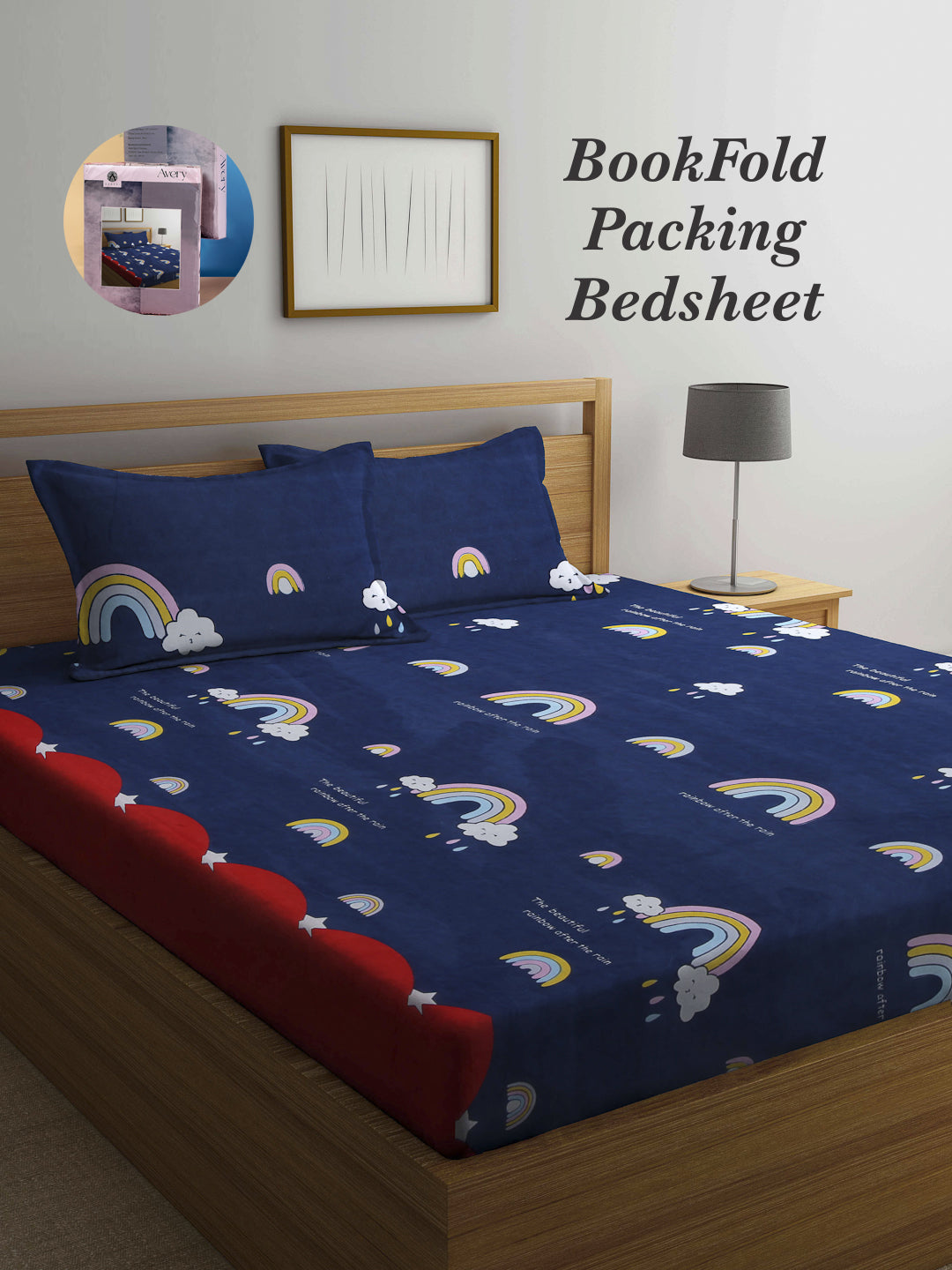 Arrabi Blue Cartoon TC Cotton Blend King Size Bookfold Bedsheet with 2 Pillow Covers (250 X 220 cm)