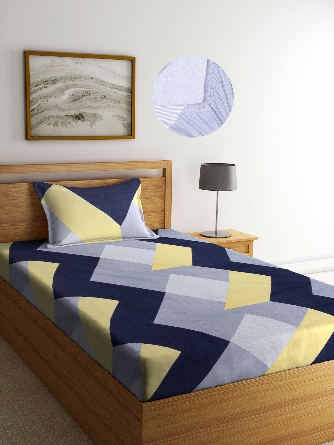 Arrabi Multi Geometric TC Cotton Blend Single Size Fitted Bedsheet with 1 Pillow Cover (220 X 150 cm)