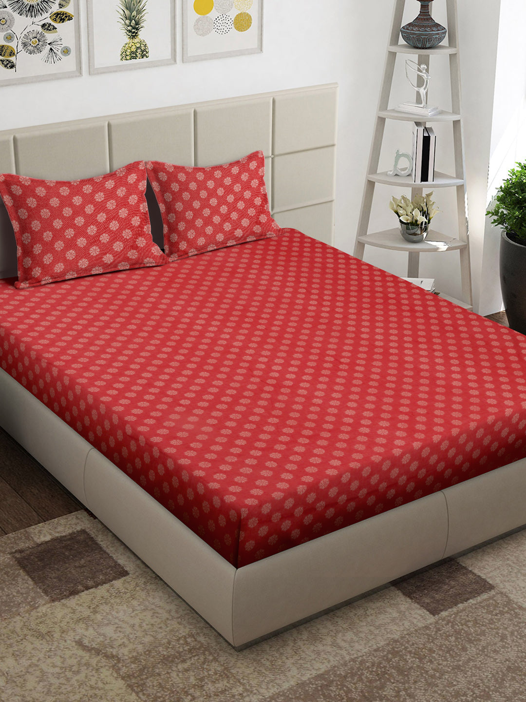 Arrabi Red Floral 100% Handwoven Cotton Super King Size Bedsheet with 2 Pillow Covers (270 x 260 cm)