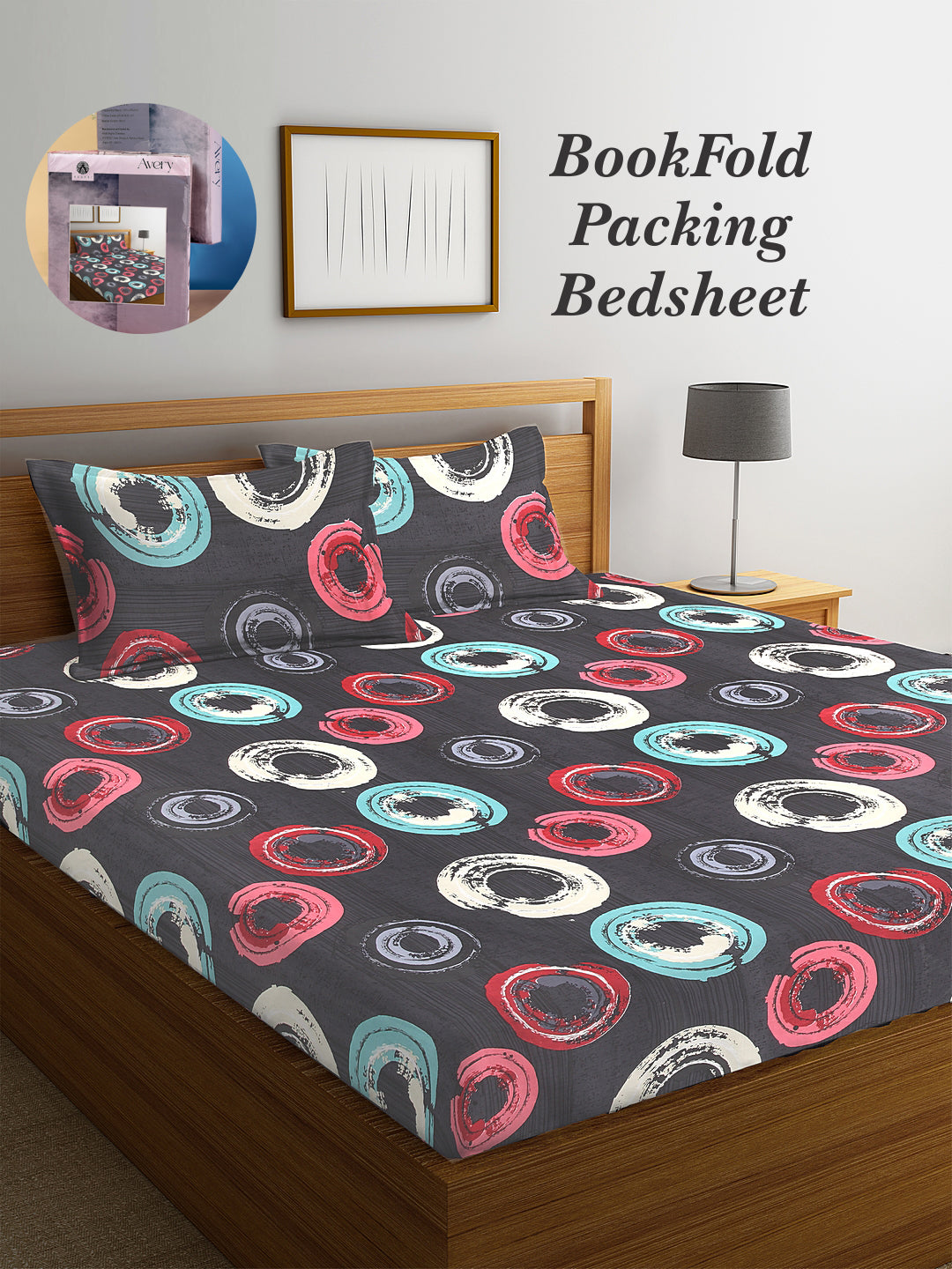 Arrabi Multi Geometric TC Cotton Blend King Size Bookfold Bedsheet with 2 Pillow Covers (250 X 220 cm)