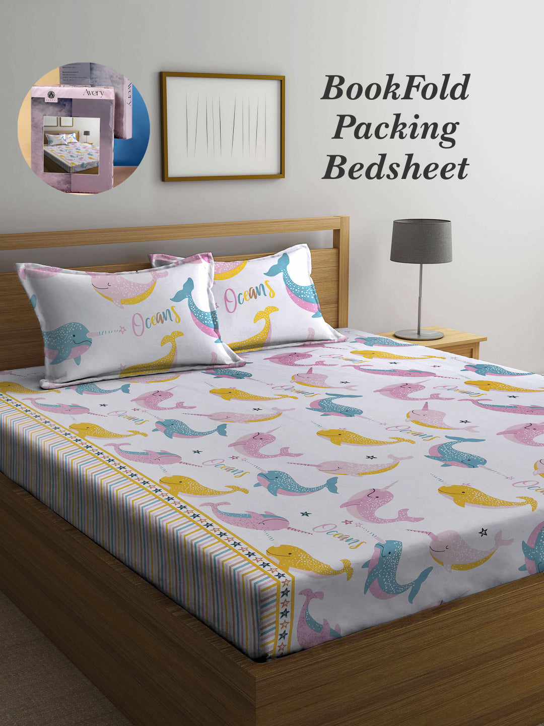Arrabi White Cartoon TC Cotton Blend King Size Bookfold Bedsheet with 2 Pillow Covers (250 X 220 cm)