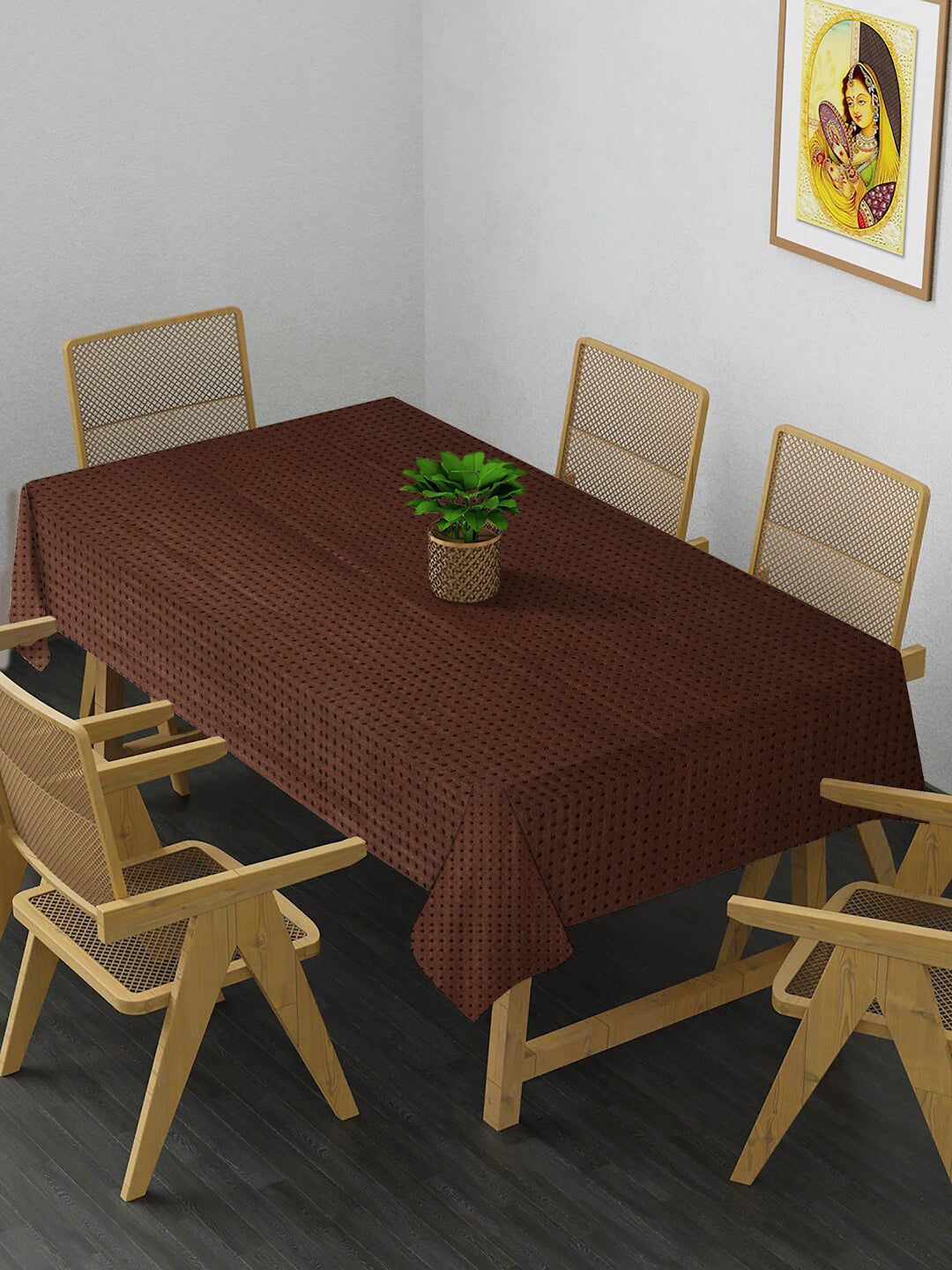 Arrabi Brown Polka-dot Polyester 8 SEATER Table Cover (215 x 150 cm)