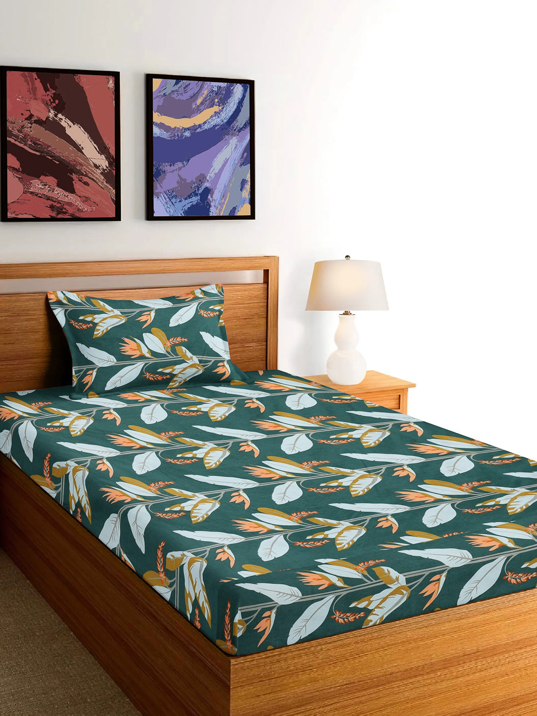 Arrabi Green Leaf TC Cotton Blend Single Size Bedsheet with 1 Pillow Cover (215 x 150 cm)