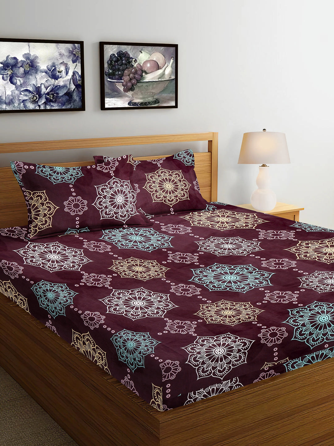 Arrabi Violet Indian TC Cotton Blend King Size Bedsheet with 2 Pillow Covers (250 x 215 cm)
