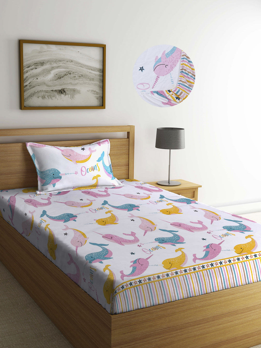 Arrabi White Cartoon TC Cotton Blend Single Size Fitted Bedsheet with 1 Pillow Cover (220 X 150 cm)