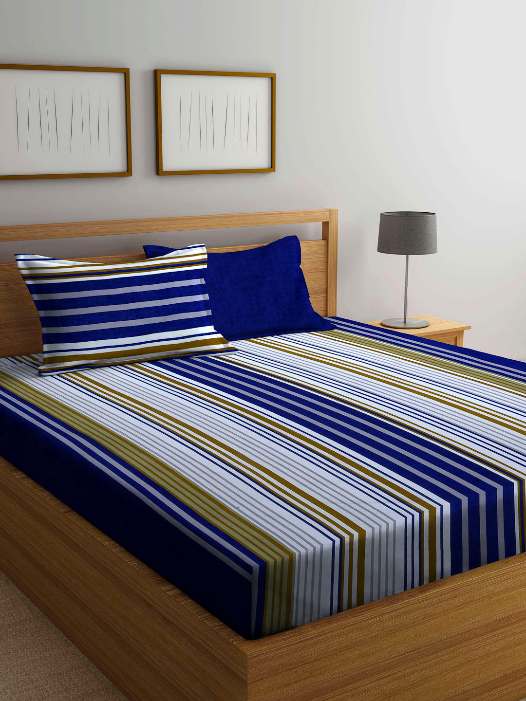 Arrabi Blue Stripes TC Cotton Blend Super King Size Bedsheet with 2 Pillow Covers (270 x 260 cm)