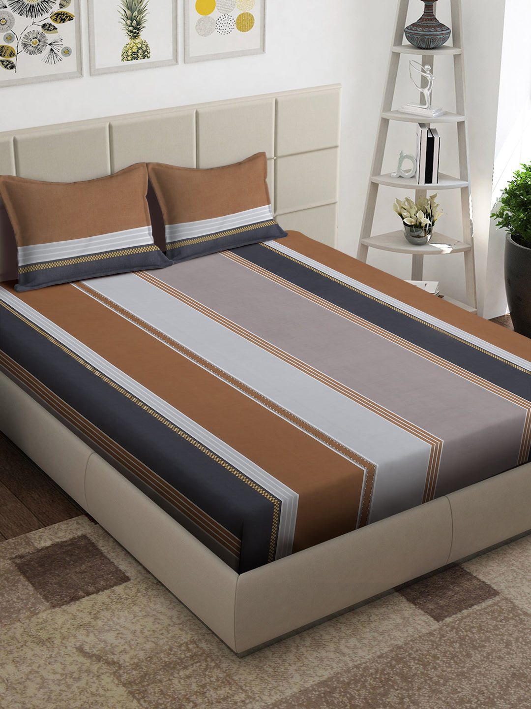 Arrabi Grey Stripes TC Cotton Blend King Size Bedsheet with 2 Pillow Covers (250 x 215 cm)