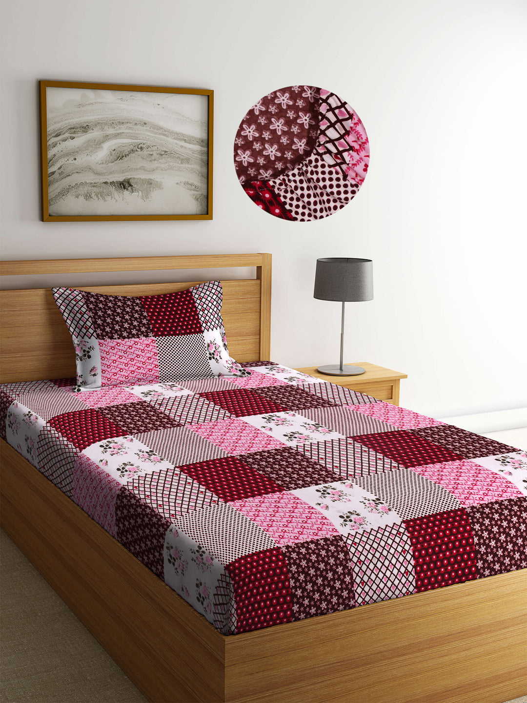 Arrabi Multi Geometric TC Cotton Blend Single Size Fitted Bedsheet with 1 Pillow Cover (220 X 150 cm)