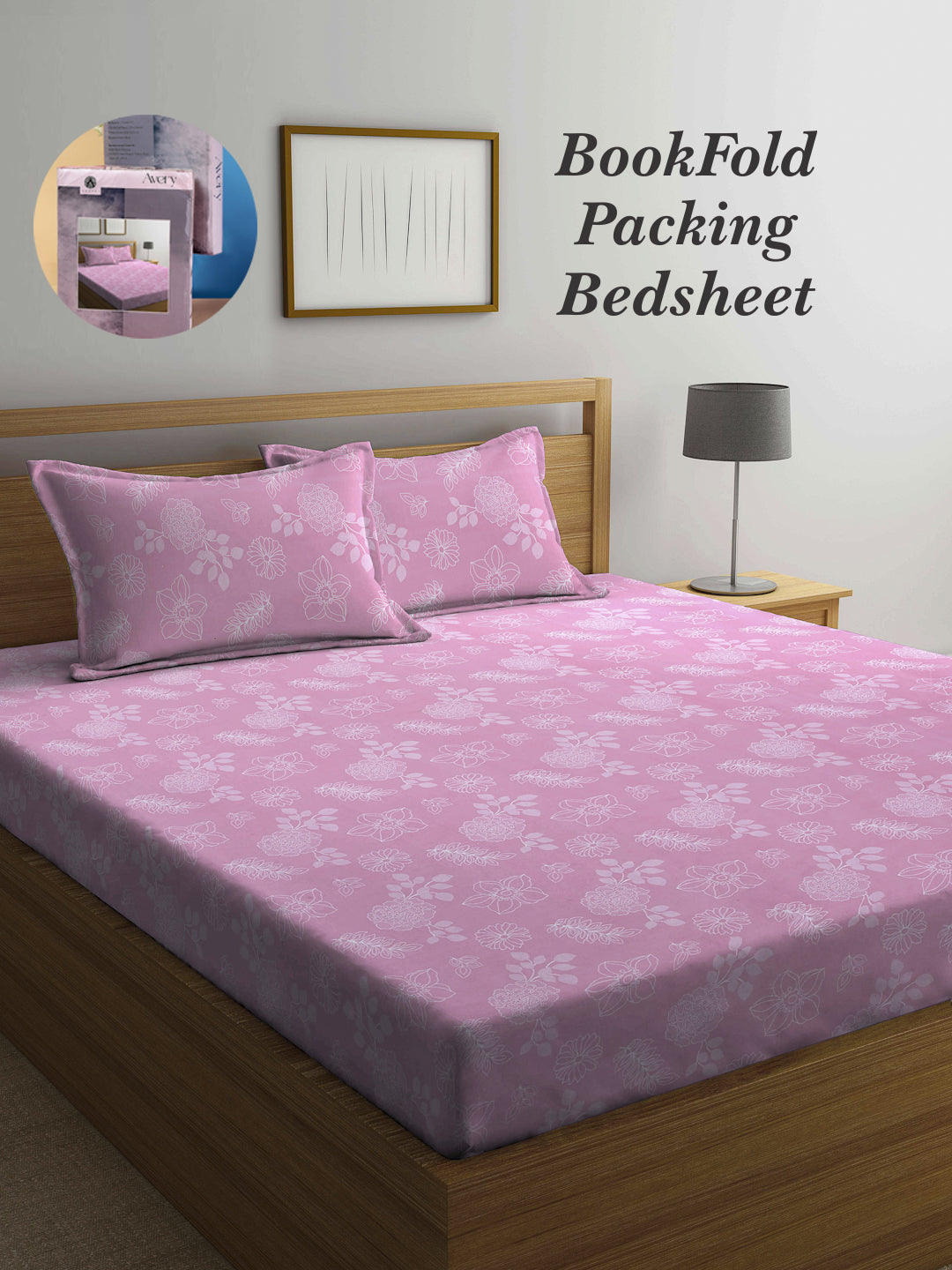Arrabi Pink Floral TC Cotton Blend King Size Bookfold Bedsheet with 2 Pillow Covers (250 X 220 cm)