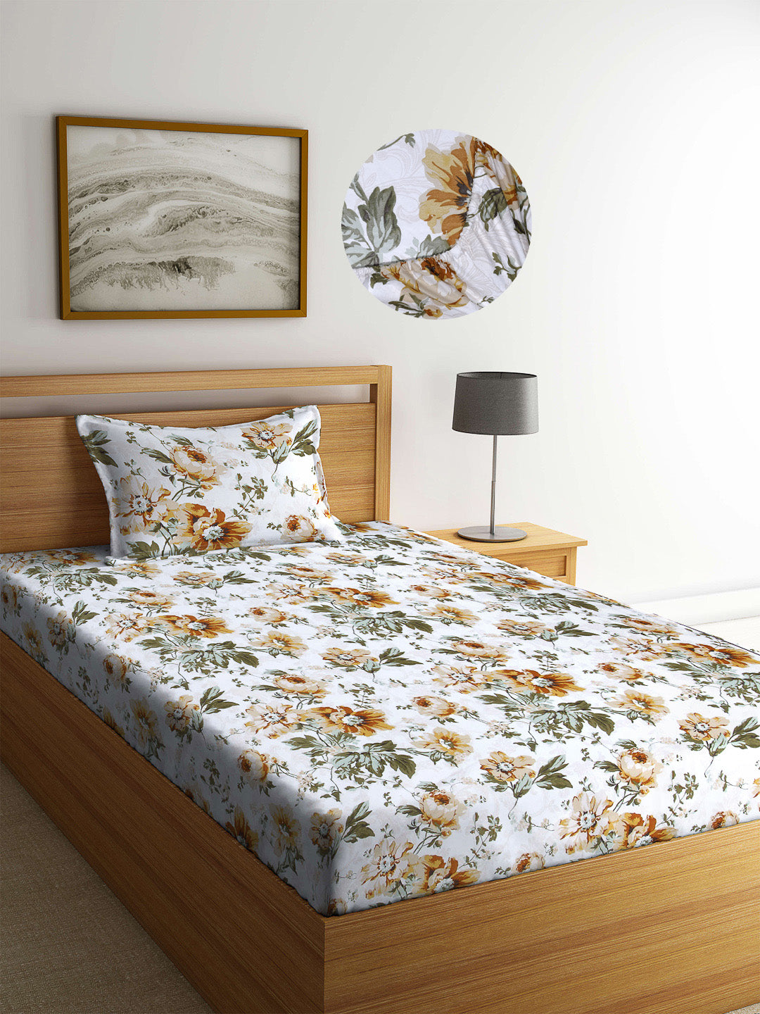 Arrabi White Floral TC Cotton Blend Single Size Fitted Bedsheet with 1 Pillow Cover (220 X 150 cm)