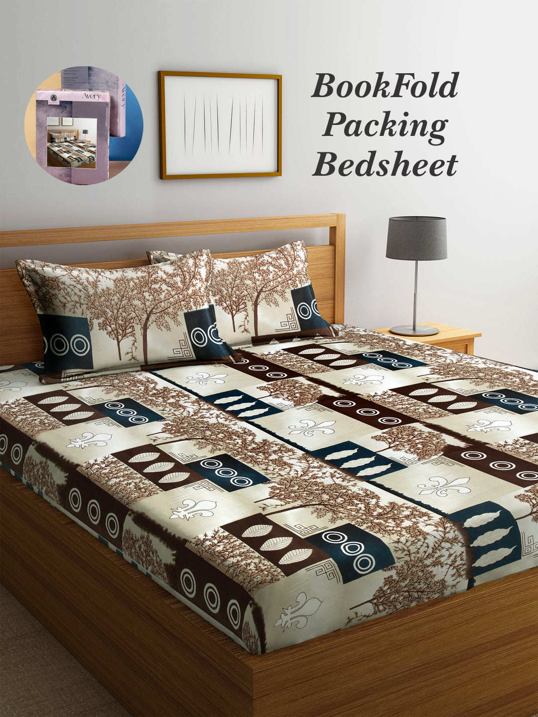 Arrabi Multi Graphic TC Cotton Blend King Size Bookfold Bedsheet with 2 Pillow Covers (250 X 220 cm)