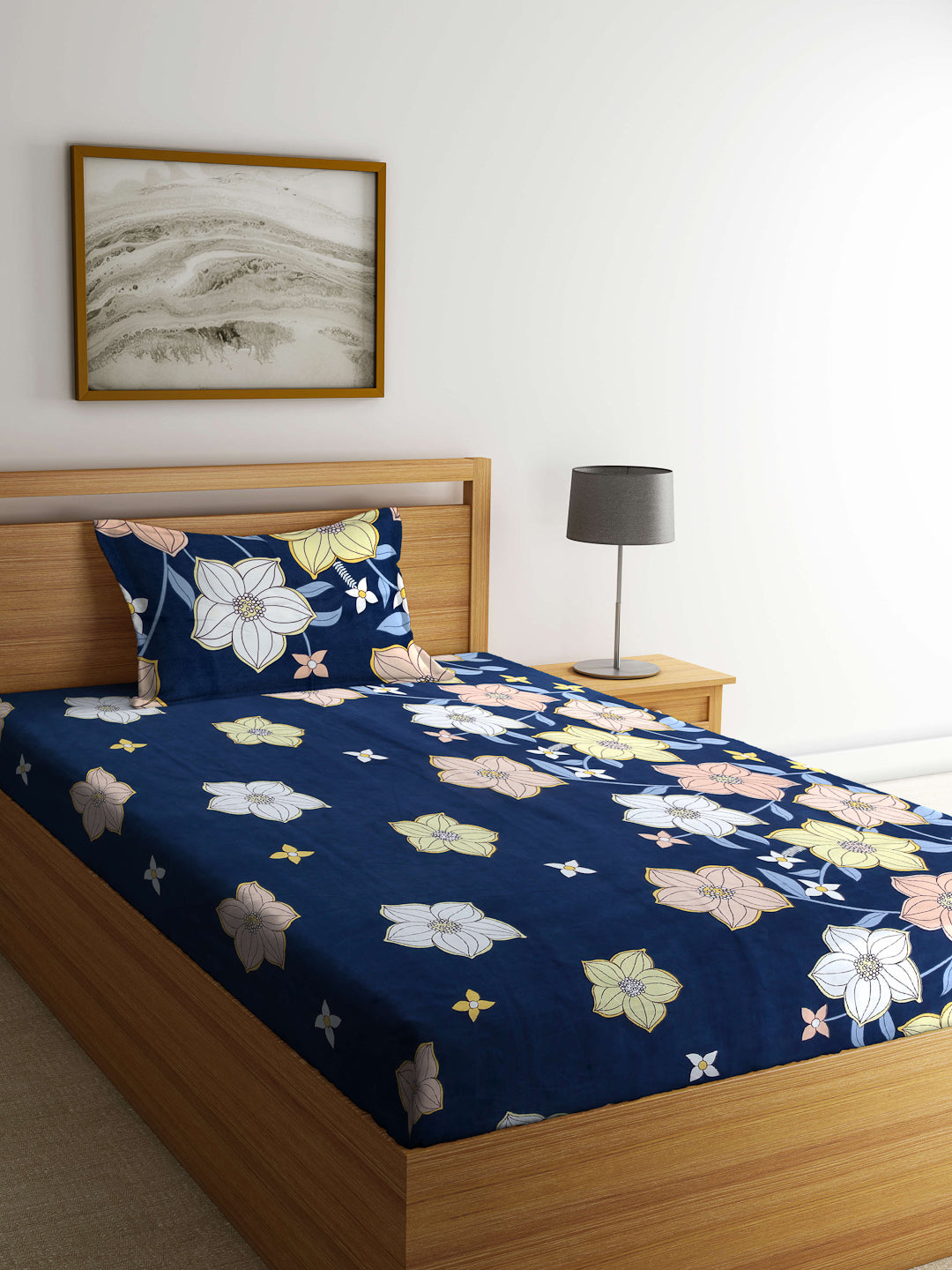 Arrabi Blue Floral TC Cotton Blend Single Size Bedsheet with 1 Pillow Cover (215 x 150 cm)