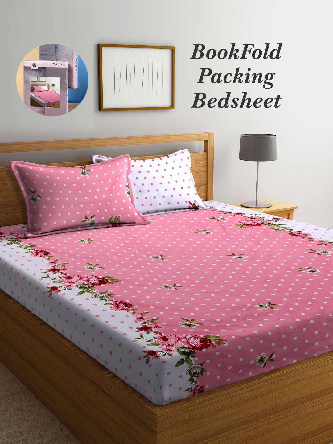 Arrabi Pink Floral TC Cotton Blend King Size Bookfold Bedsheet with 2 Pillow Covers (250 X 215 cm)