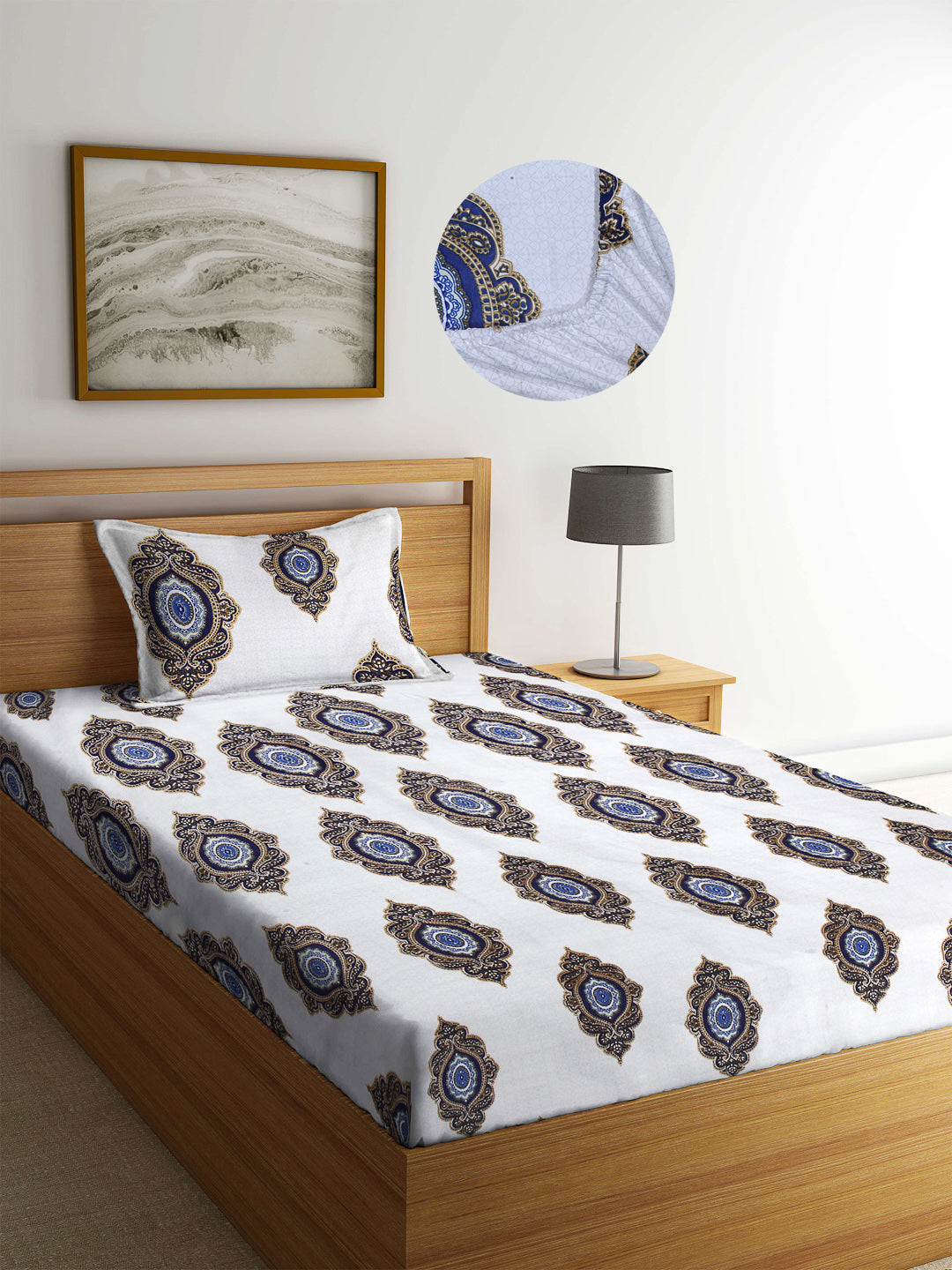 Arrabi White Indian TC Cotton Blend Single Size Fitted Bedsheet with 1 Pillow Cover (220 X 150 cm)