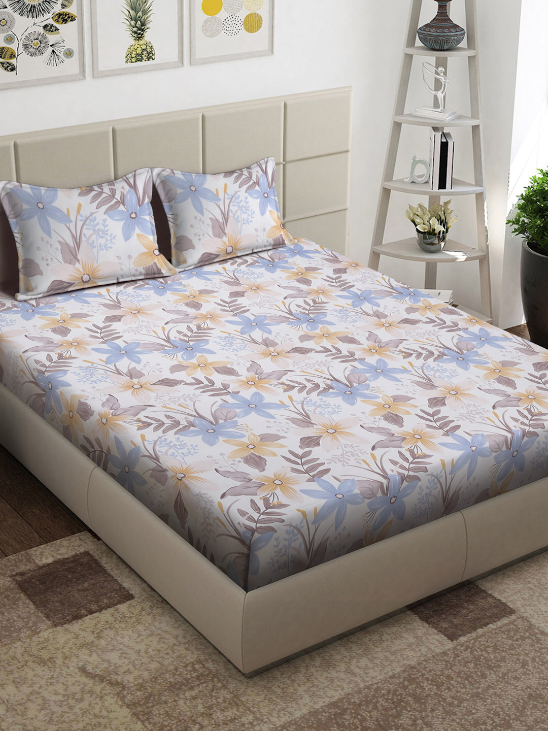 Arrabi Multi Floral TC Cotton Blend Super King Size Bedsheet with 2 Pillow Covers (270 x 260 cm)