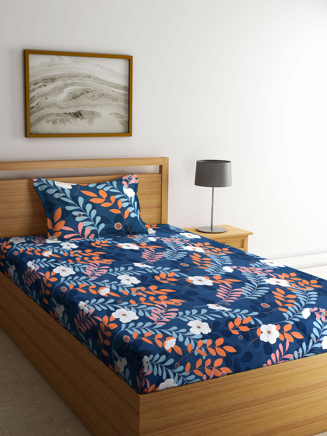 Arrabi Blue Floral TC Cotton Blend Single Size Bedsheet with 1 Pillow Cover (215 x 150 cm)