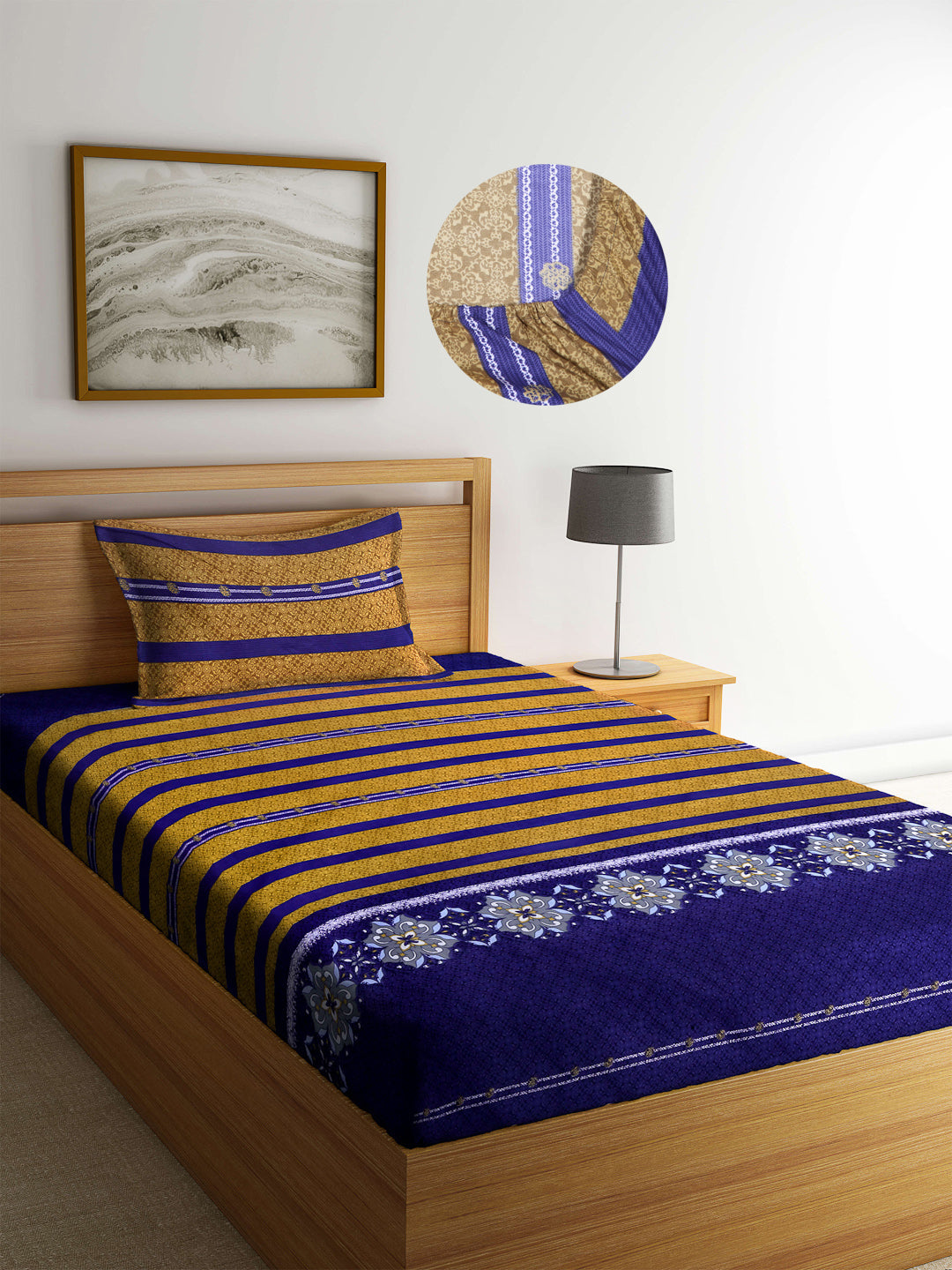 Arrabi Multi Stripes TC Cotton Blend Single Size Fitted Bedsheet with 1 Pillow Cover (220 X 150 cm)
