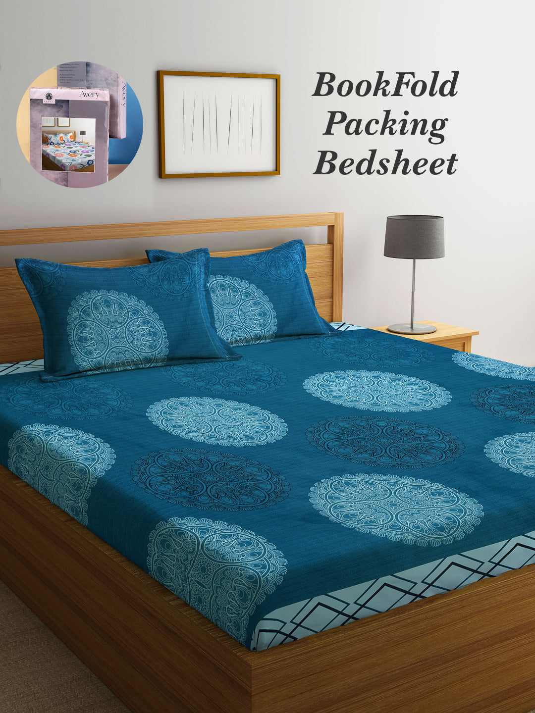 Arrabi Blue Indian TC Cotton Blend King Size Bookfold Bedsheet with 2 Pillow Covers (250 X 215 cm)