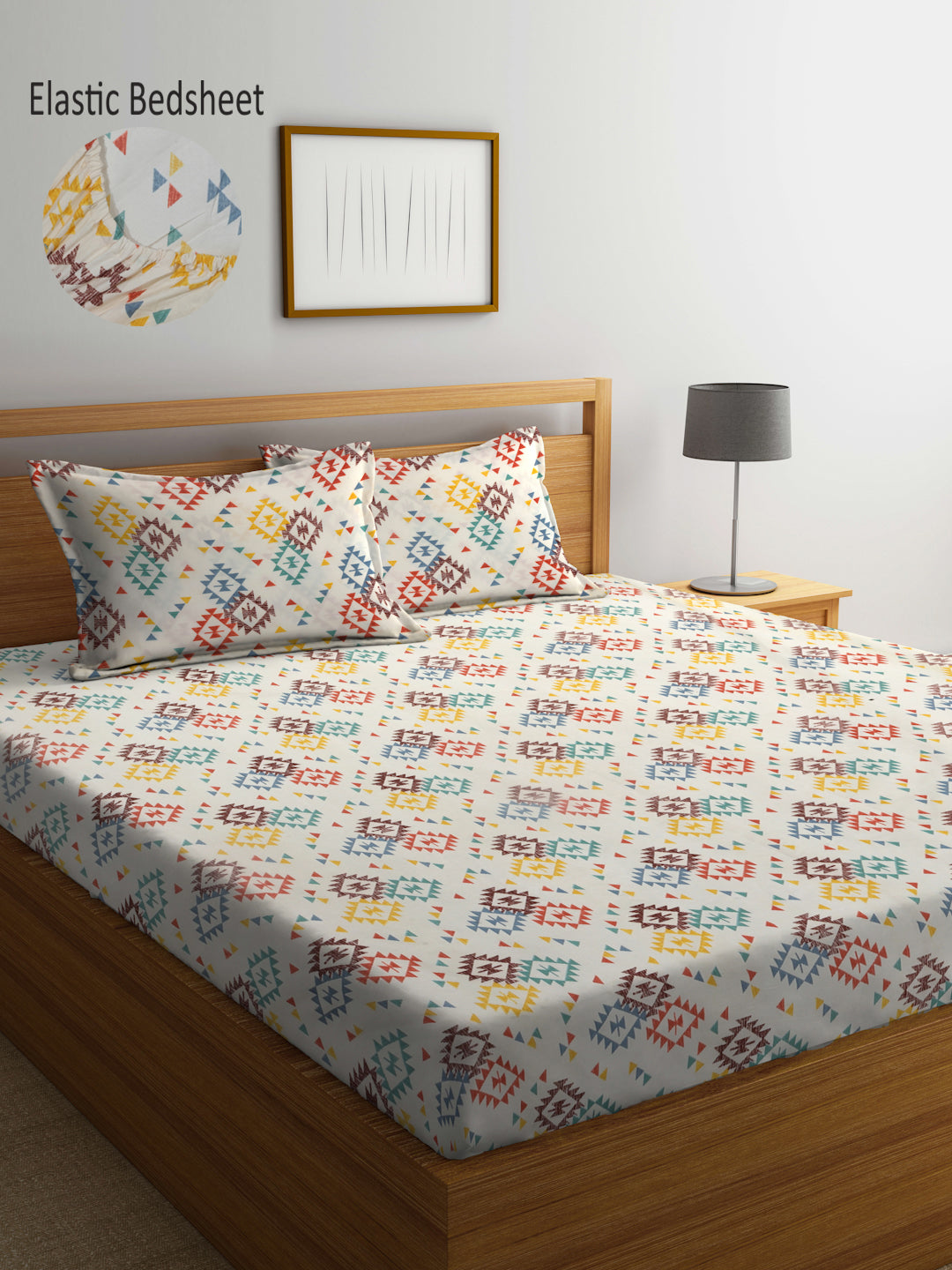 Arrabi Cream Geometric TC Cotton Blend King Size Fitted Bedsheet with 2 Pillow Covers (250 X 215 Cm )
