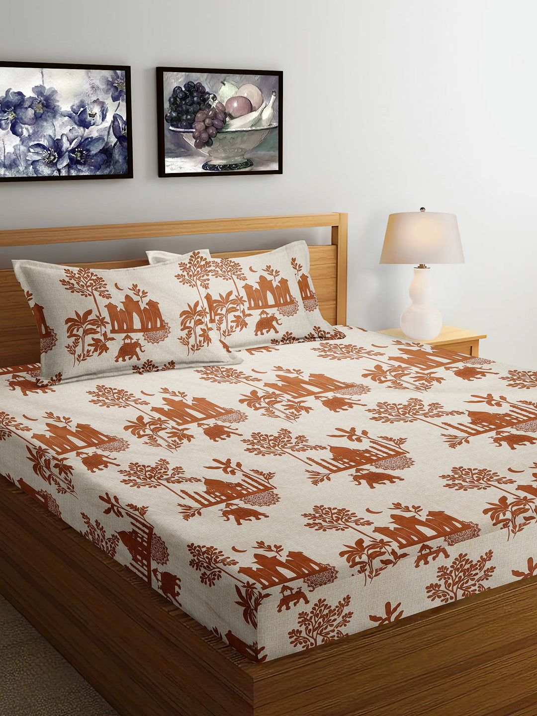 Arrabi Multi Leaf TC Cotton Blend Super King Size Bedsheet with 2 Pillow Covers (270 x 260 cm)