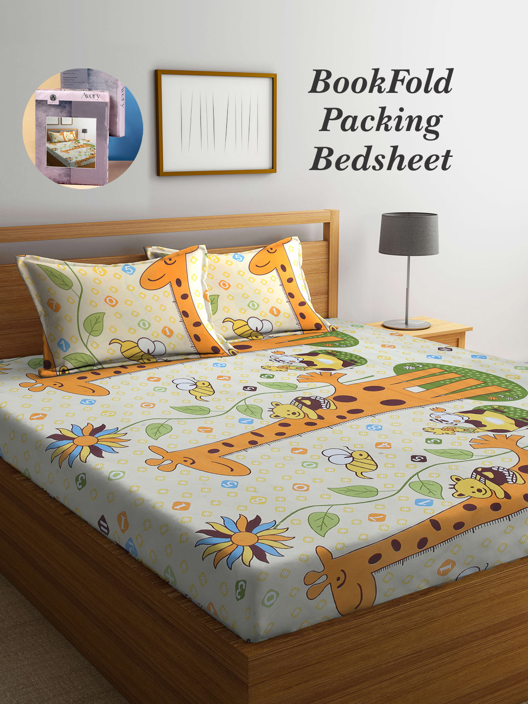 Arrabi Multi Cartoon TC Cotton Blend King Size Bookfold Bedsheet with 2 Pillow Covers (250 X 215 cm)
