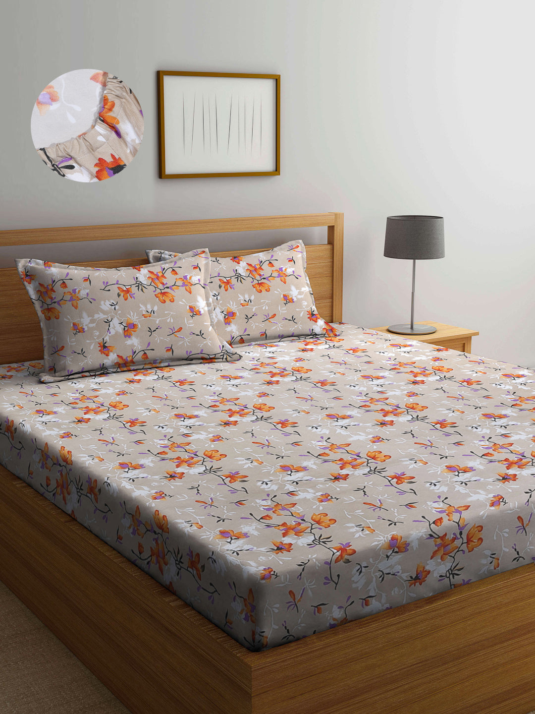 Arrabi Beige Floral TC Cotton Blend King Size Fitted Bedsheet with 2 Pillow Covers (250 x 220 cm)