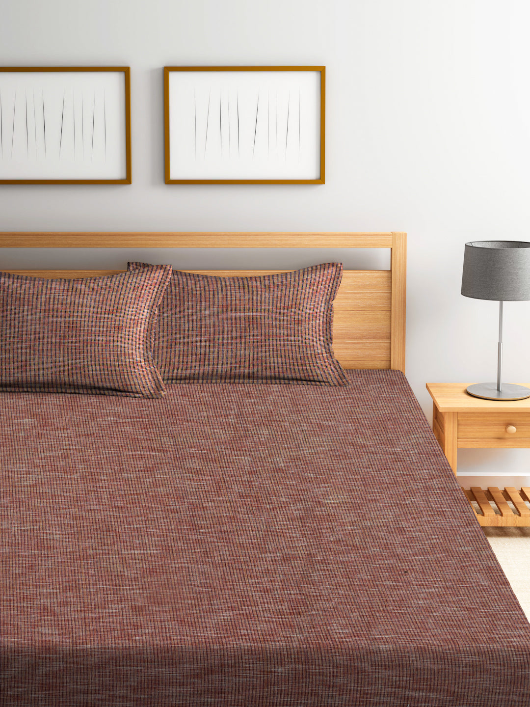 Arrabi Brown Stripes Handwoven Cotton king Size Bedsheet with 2 Pillow Covers (260 X 230 cm)