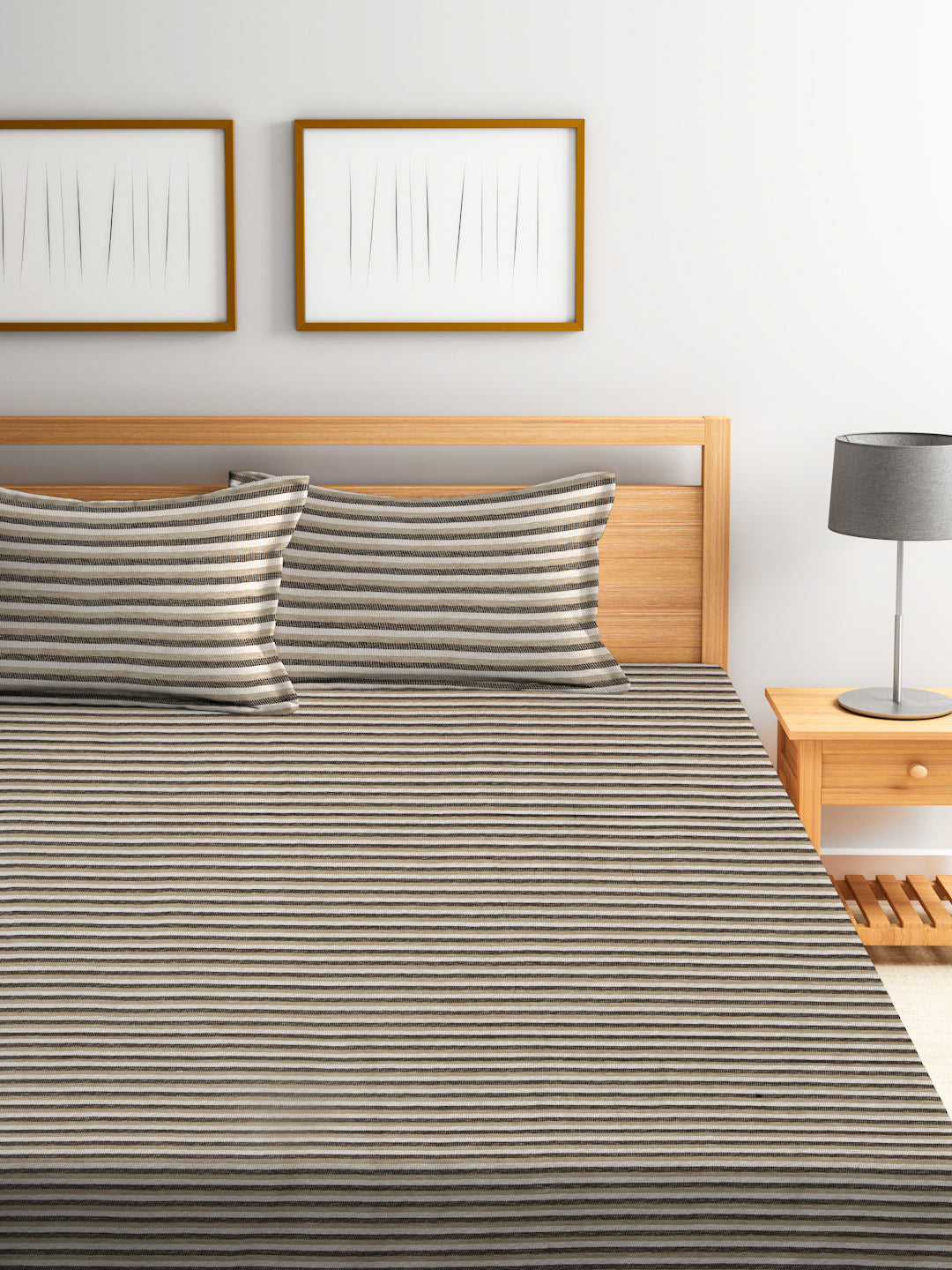 Arrabi Beige Stripes Handwoven Cotton King Size Bedsheet with 2 Pillow Covers (260 X 230 cm)