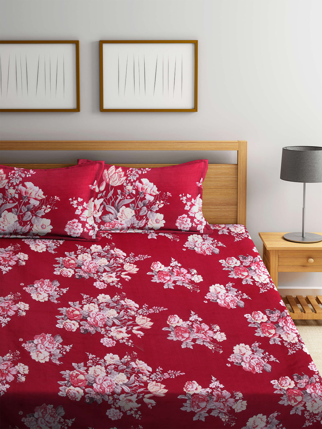 Arrabi Red Floral TC Cotton Blend Super King Size Fitted Bedsheet with 2 Pillow Covers (270 x 260 cm)