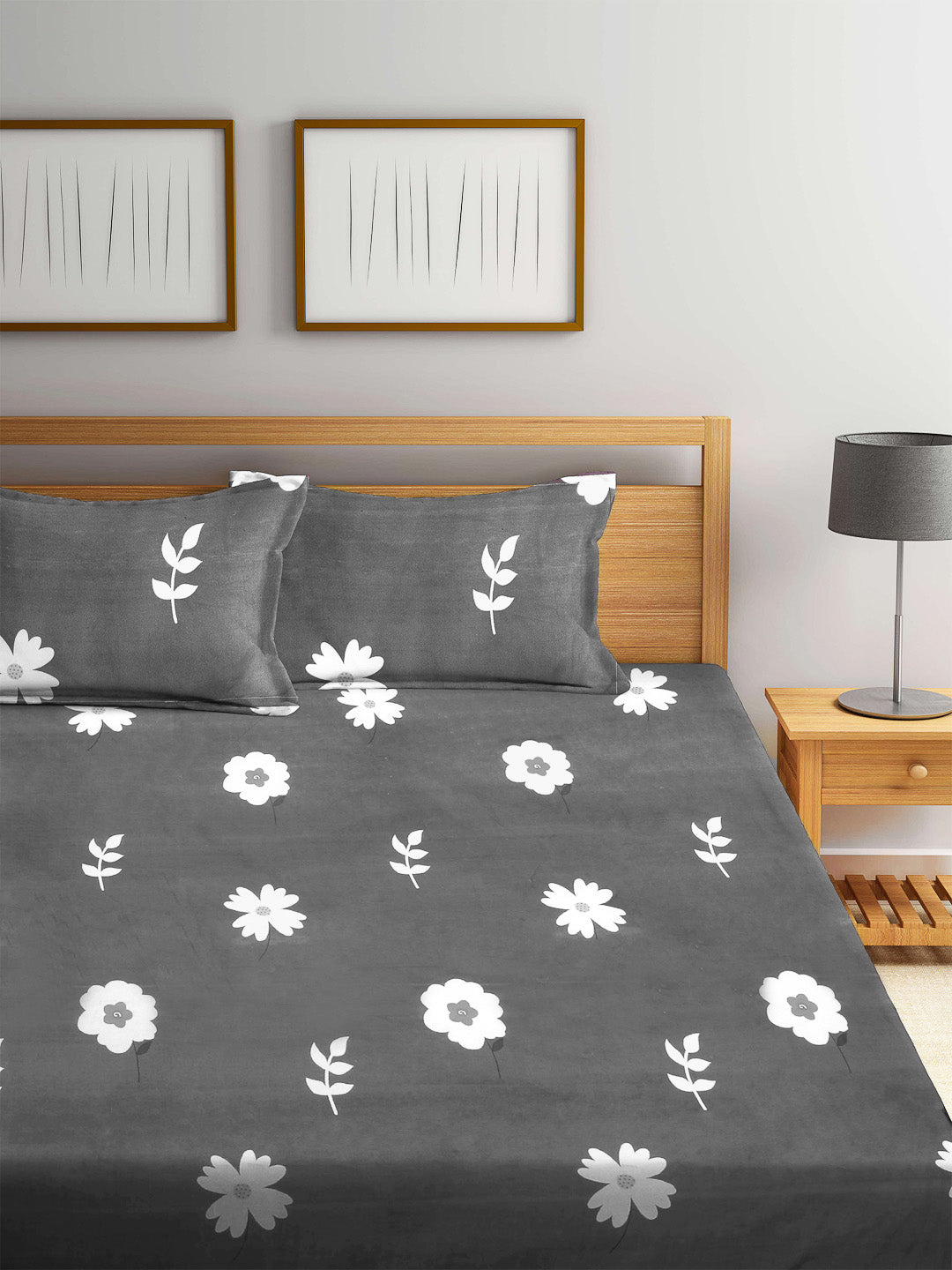 Arrabi Grey Floral TC Cotton Blend Super King Size Bookfold Bedsheet with 2 Pillow Covers (270 X 260 cm)