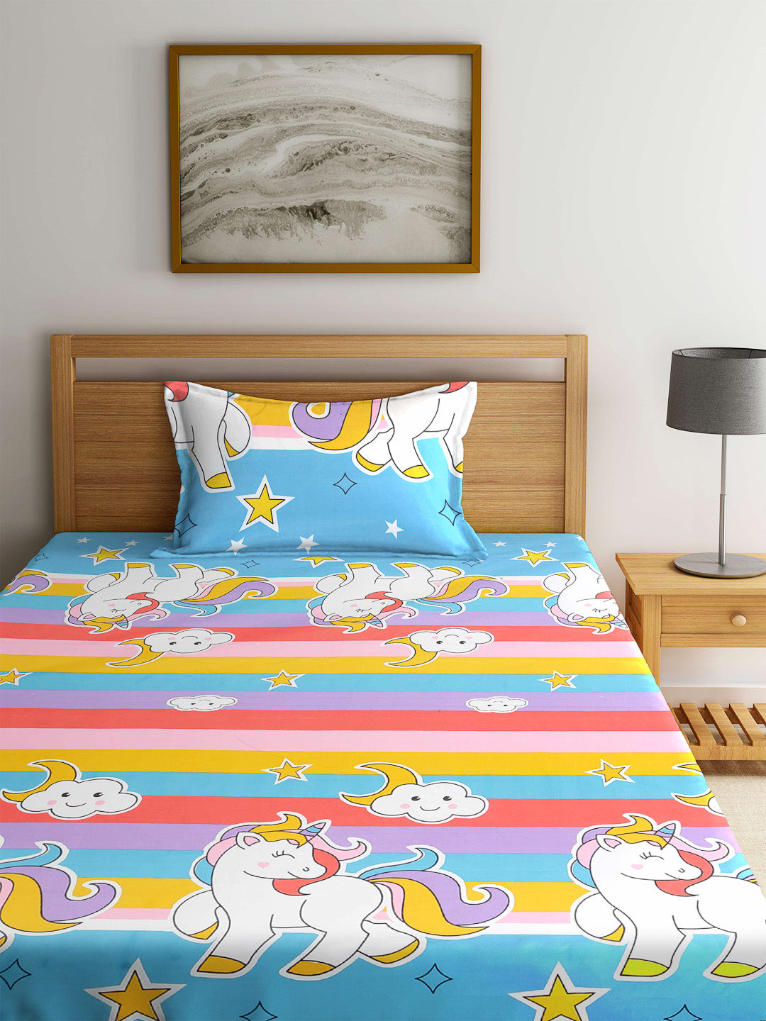 Arrabi Multi Cartoon TC Cotton Blend Single Size Fitted Bedsheet with 1 Pillow Cover (220 X 150 cm)