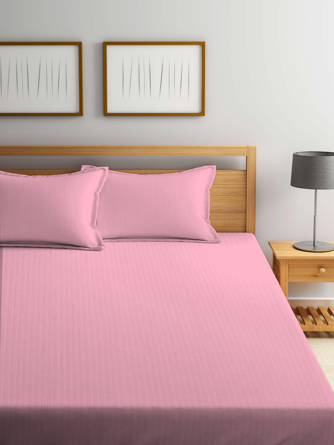 Arrabi Pink Stripes TC Cotton Blend King Size Bookfold Bedsheet with 2 Pillow Covers (250 X 220 cm)