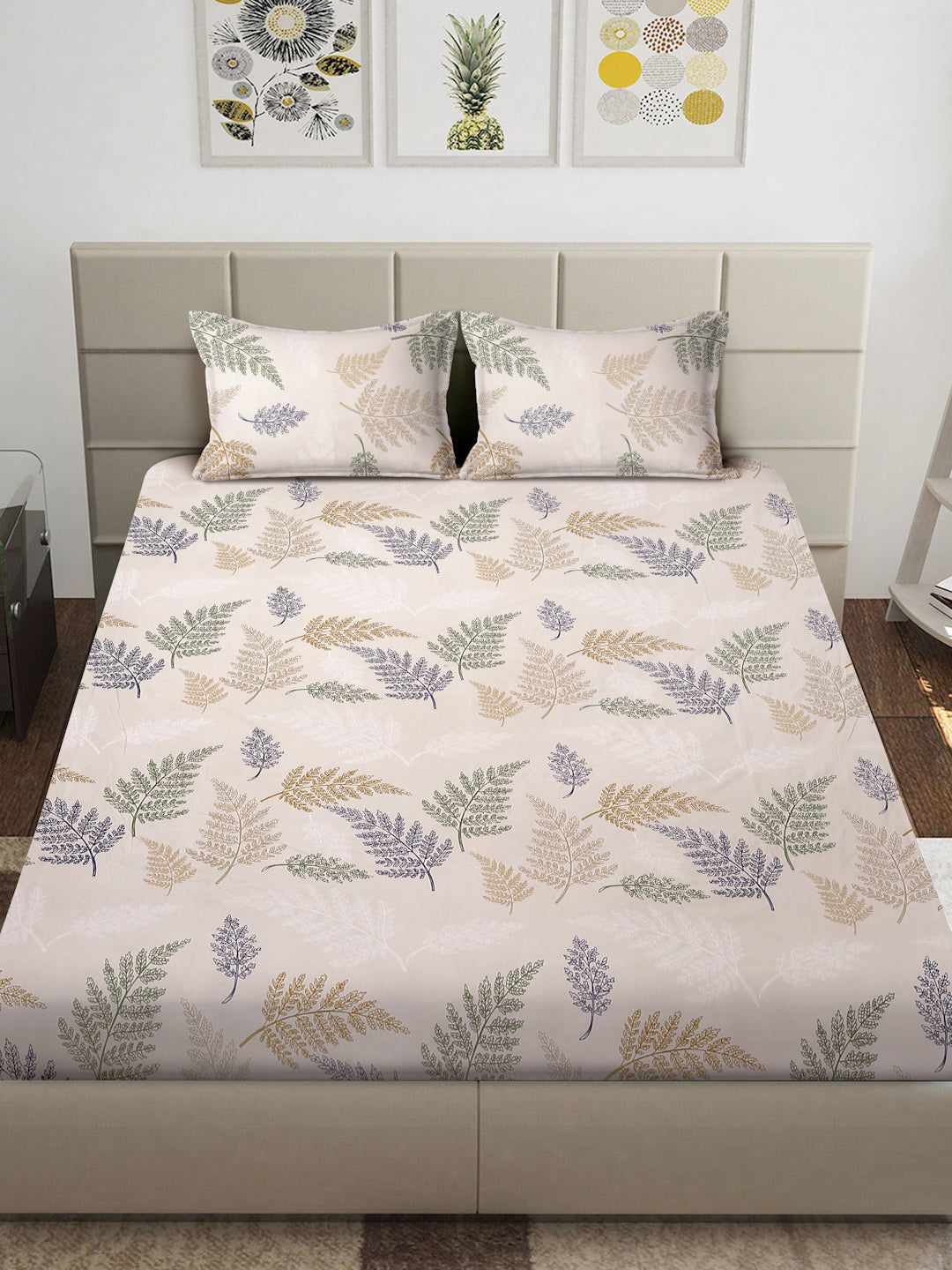 Arrabi Beige Leaf TC Cotton Blend King Size Bedsheet with 2 Pillow Covers (250 x 215 cm)