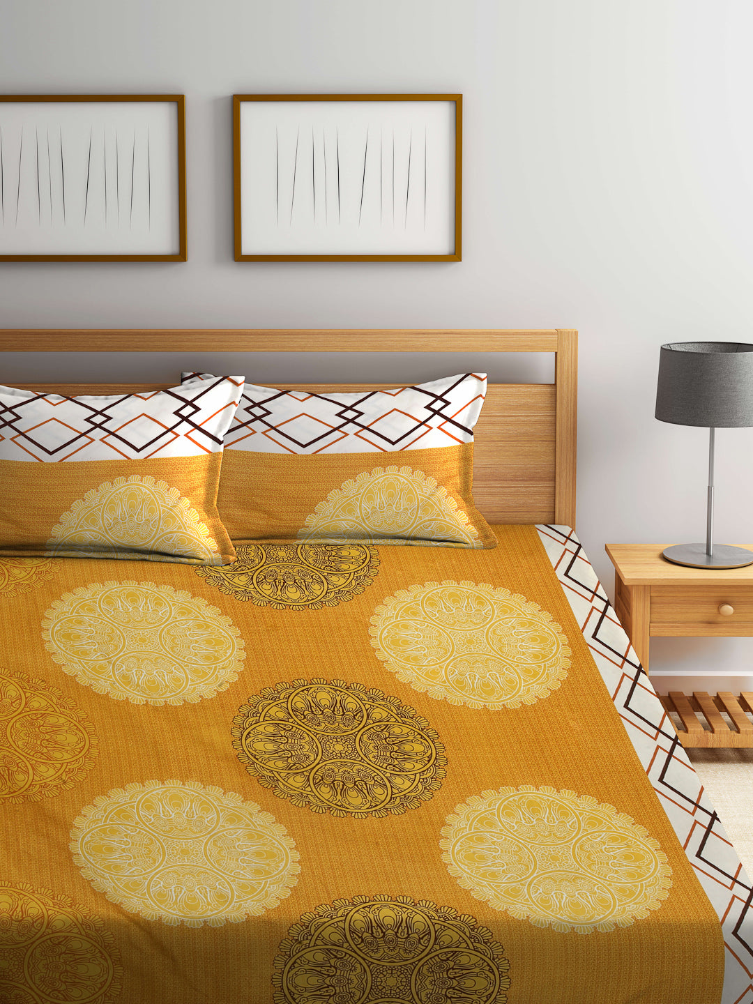 Arrabi Yellow Indian TC Cotton Blend King Size Bookfold Bedsheet with 2 Pillow Covers (250 X 215 cm)