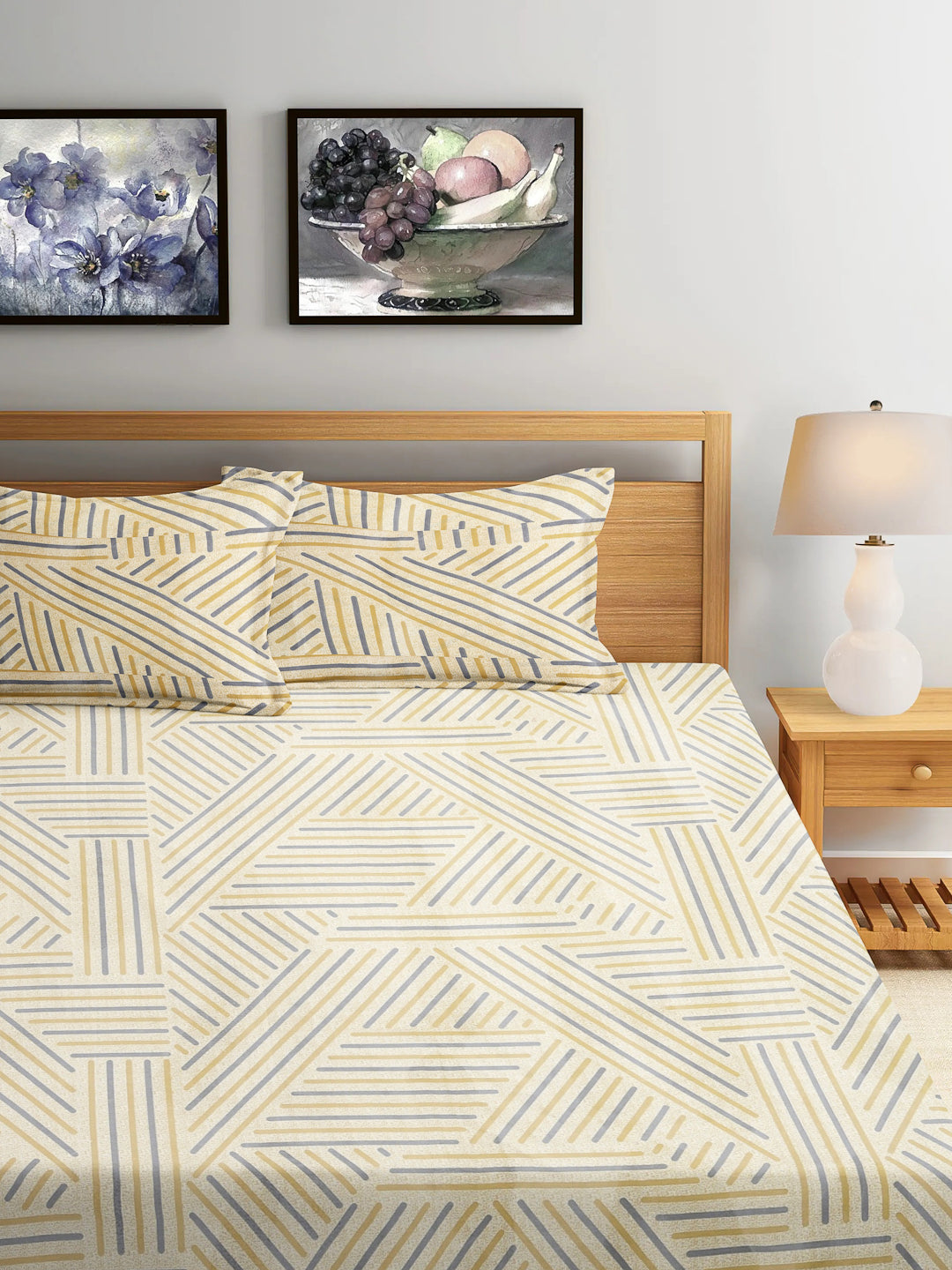 Arrabi Beige Stripes TC Cotton Blend King Size Bedsheet with 2 Pillow Covers (250 x 215 cm)