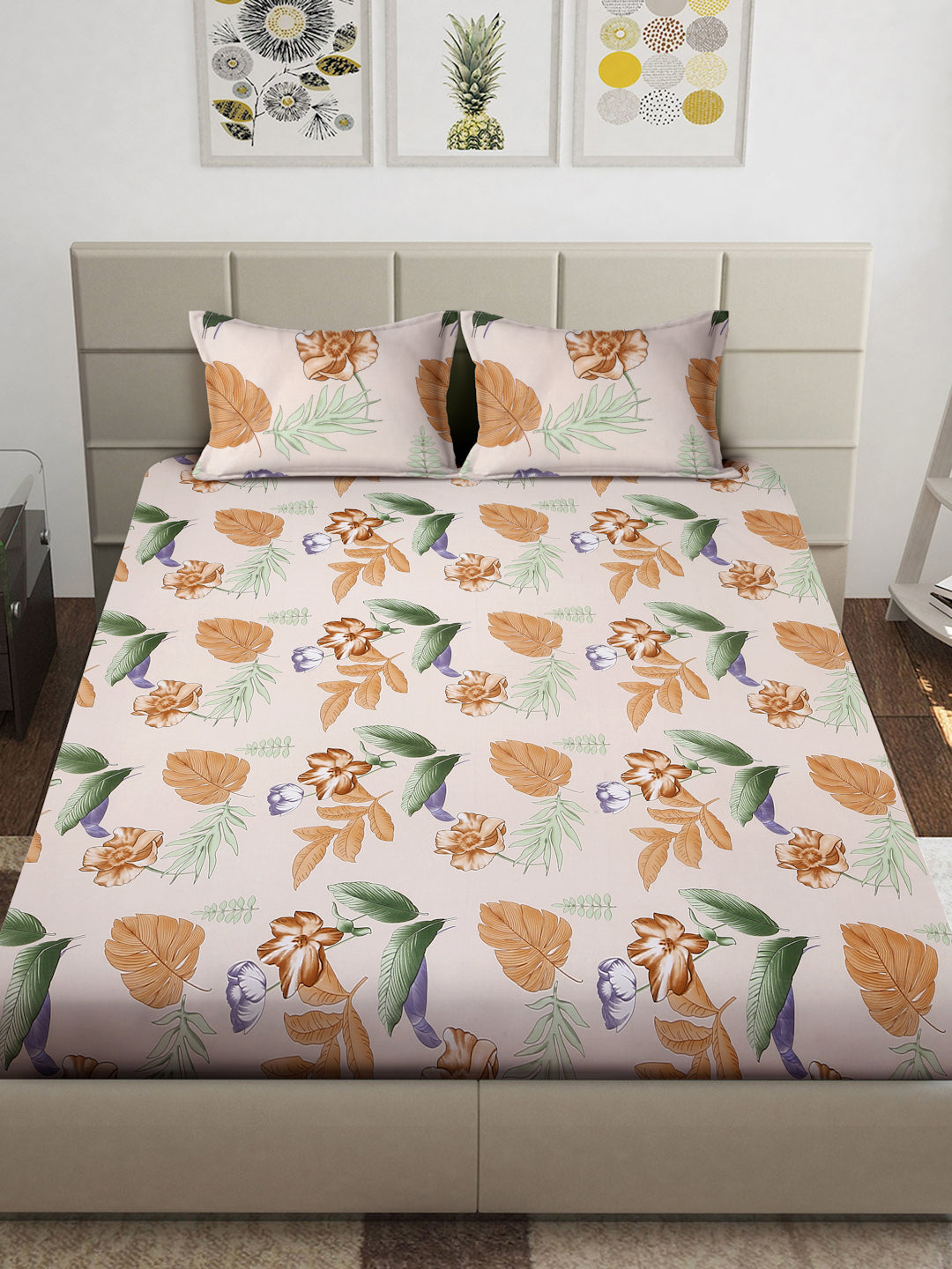 Arrabi Multi Floral TC Cotton Blend Super King Size Bedsheet with 2 Pillow Covers (270 x 260 cm)