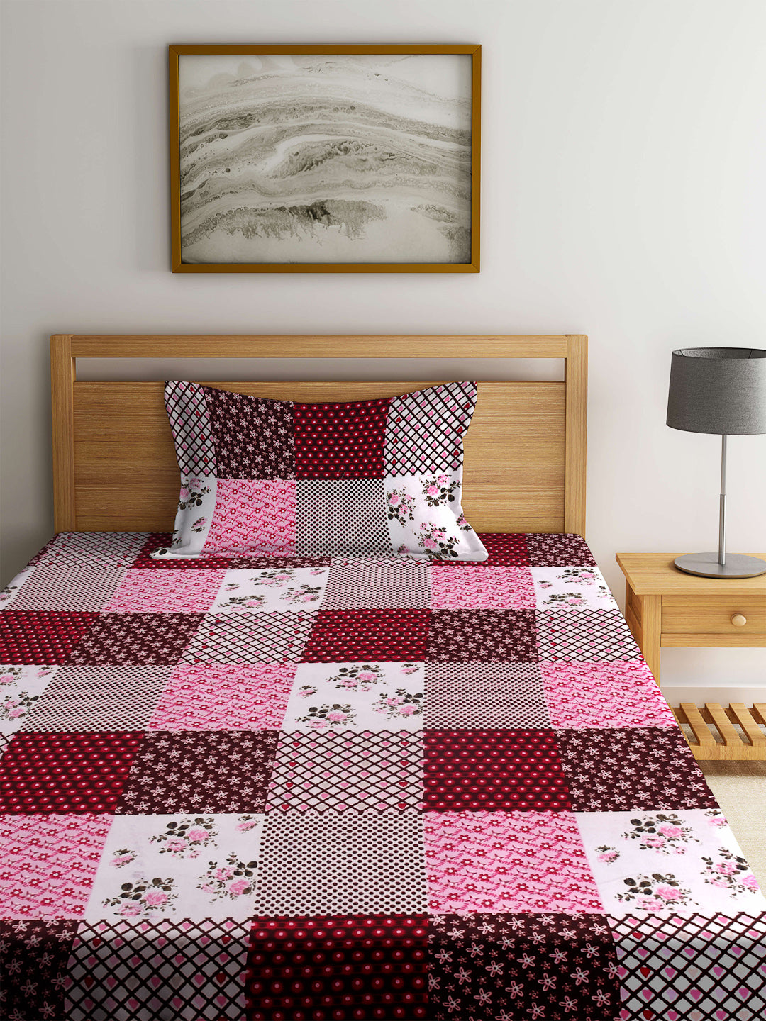 Arrabi Multi Geometric TC Cotton Blend Single Size Fitted Bedsheet with 1 Pillow Cover (220 X 150 cm)