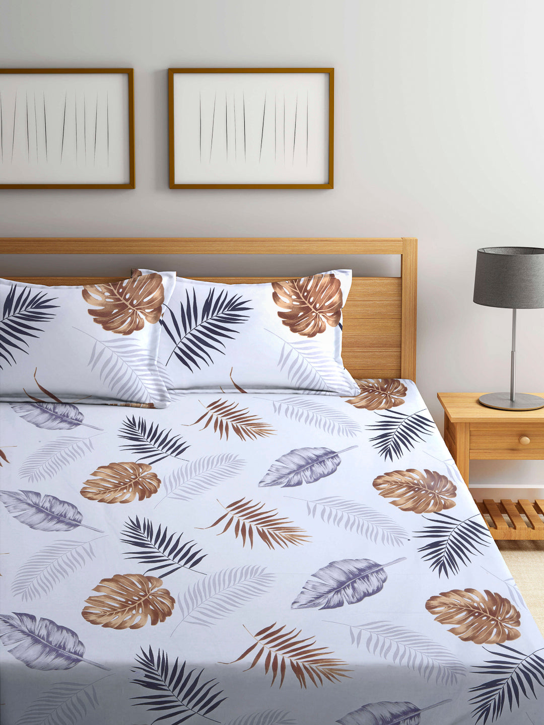 Arrabi White Leaf TC Cotton Blend King Size Bookfold Bedsheet with 2 Pillow Covers (250 X 215 cm)