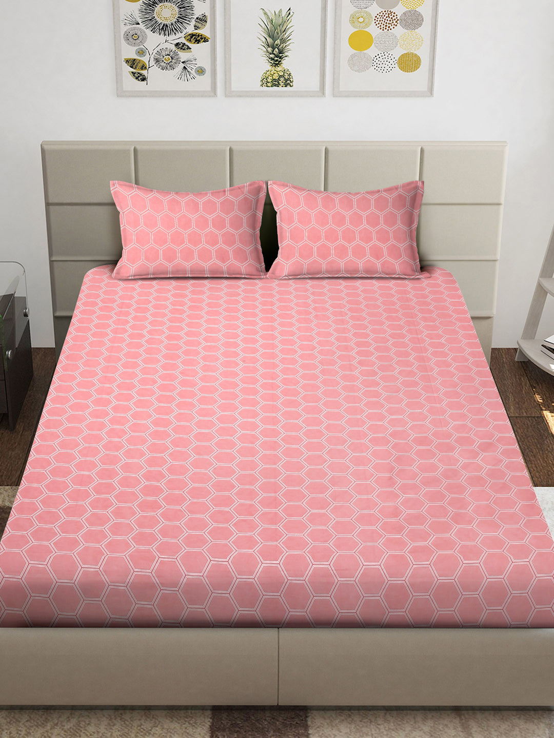 Arrabi Pink Geometric TC Cotton Blend King Size Bedsheet with 2 Pillow Covers (250 x 215 cm)