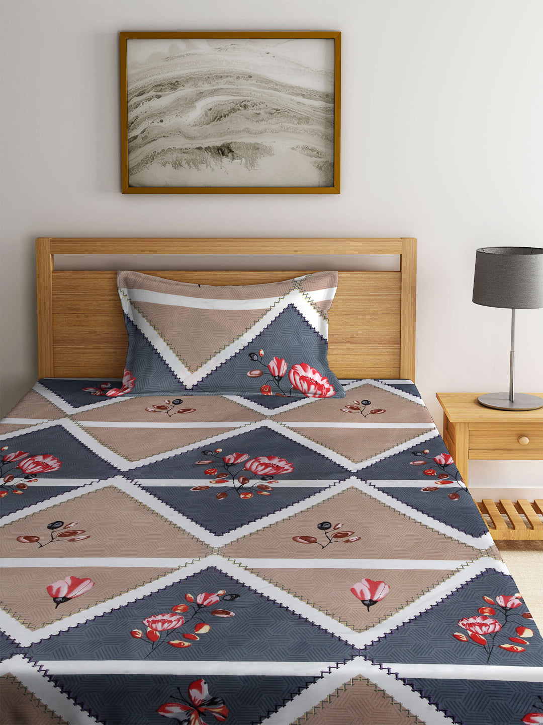 Arrabi Brown Geometric TC Cotton Blend Single Size Fitted Bedsheet with 1 Pillow Cover (220 X 150 cm)