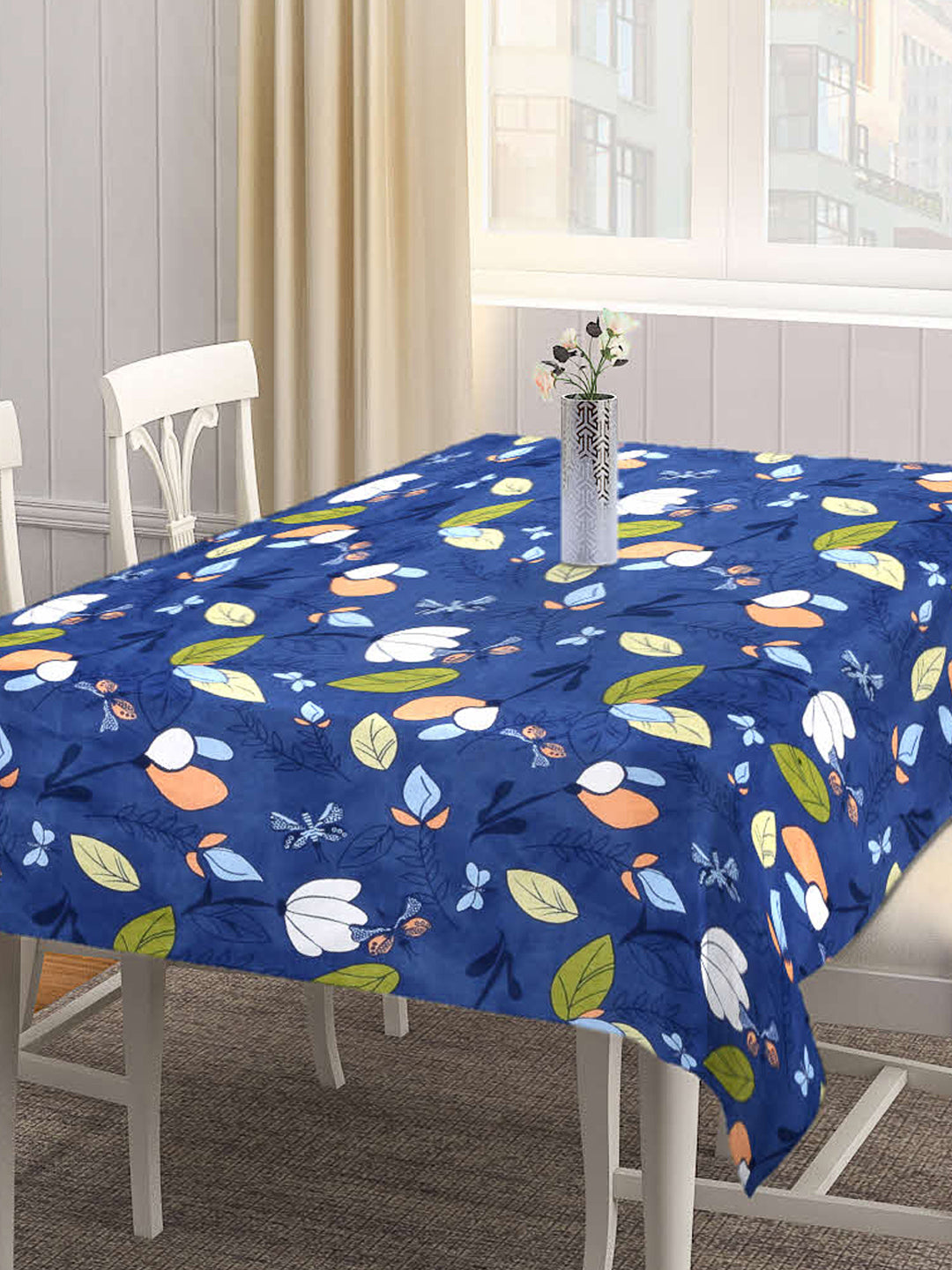 Arrabi Blue Leaf Cotton Blend 6 SEATER Table Cover (180 X 130 cm)