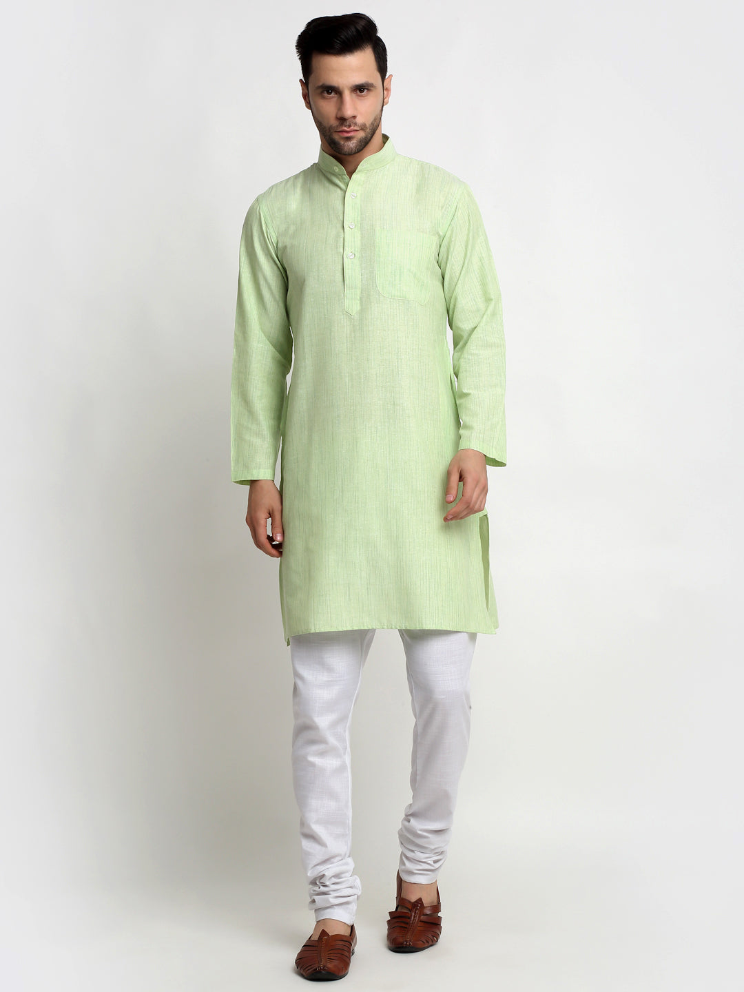 Arrabi Men Indian Fashion Green Pure Cotton Solid Straight Kurta
