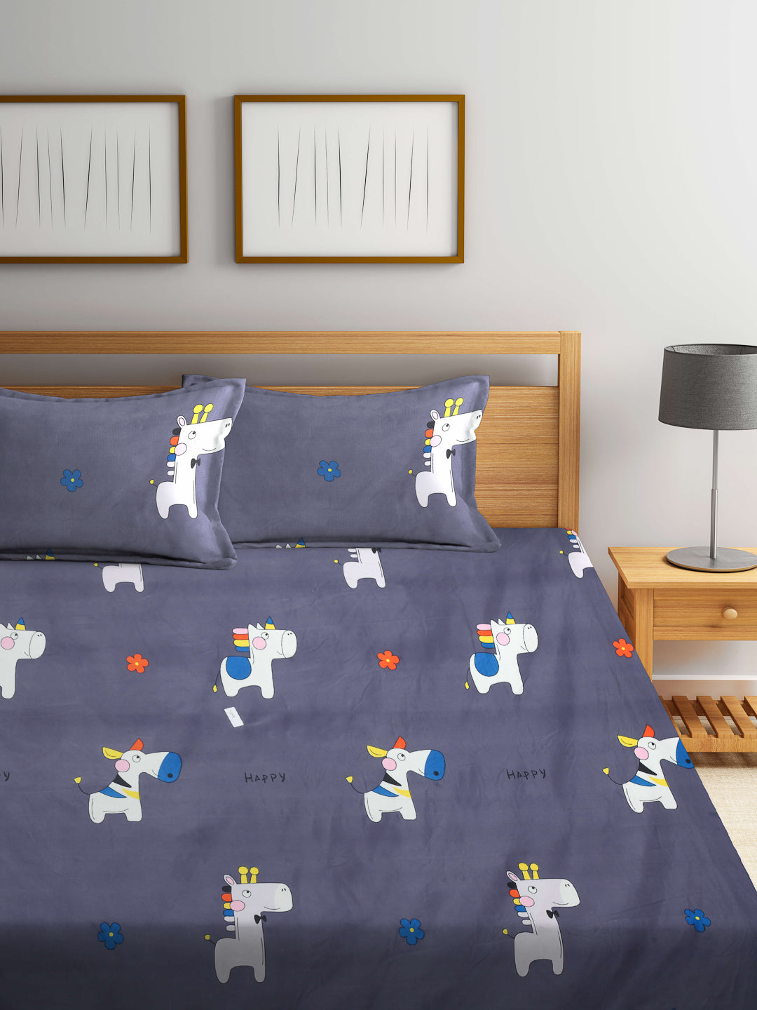 Arrabi Grey Cartoon TC Cotton Blend King Size Bookfold Bedsheet with 2 Pillow Covers (250 X 215 cm)
